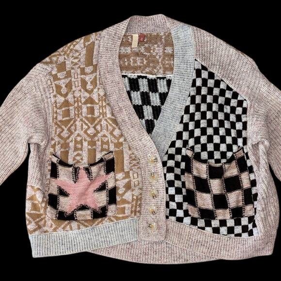 Anthropologie x Pilcro Mash-Up Cardigan Sweater Patchwork Star Checkered Sz S - Picture 4 of 9